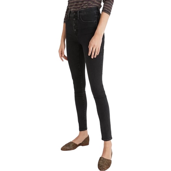 Madewell 9” Mid-Rise Button Fly Skinny Stretch Jeans in Dark Black Wash - Picture 2 of 13